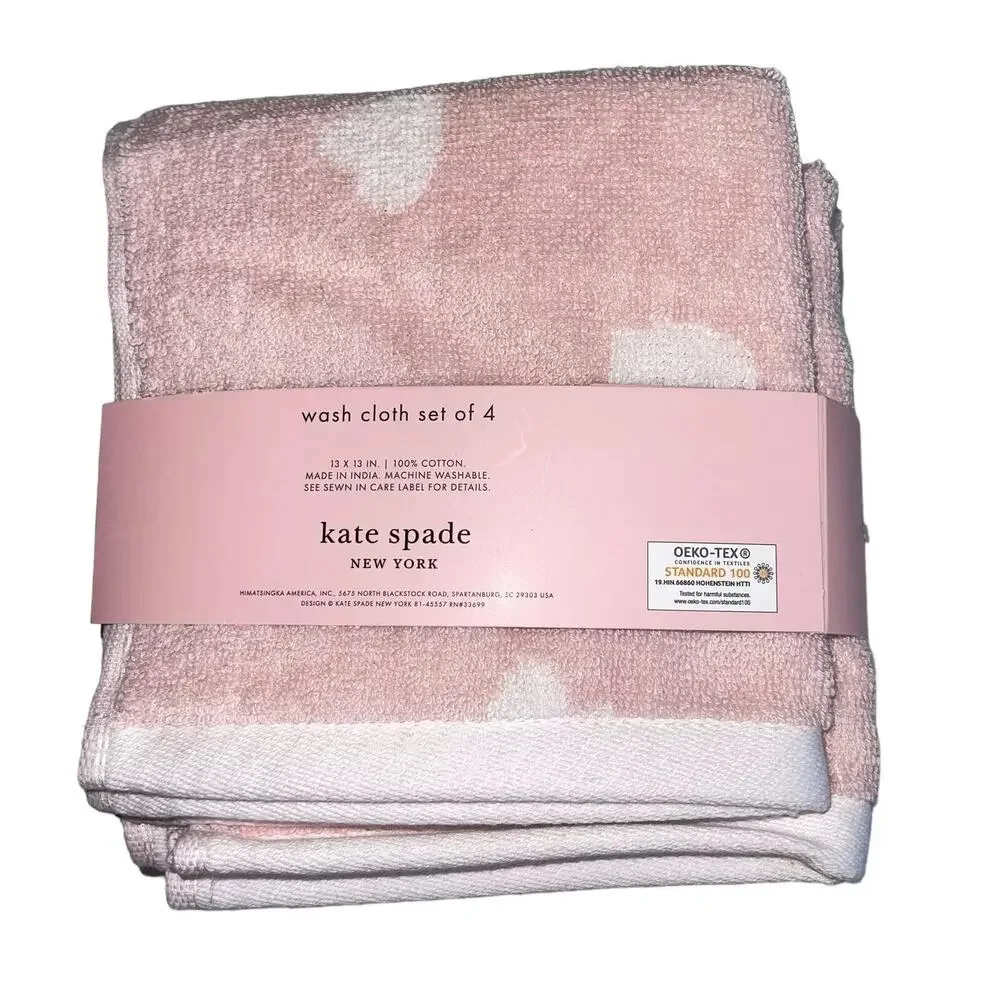 Kate Spade Pastel Pink White Hearts Cotton Wash Cloths 13x13 Set of 4 NEW